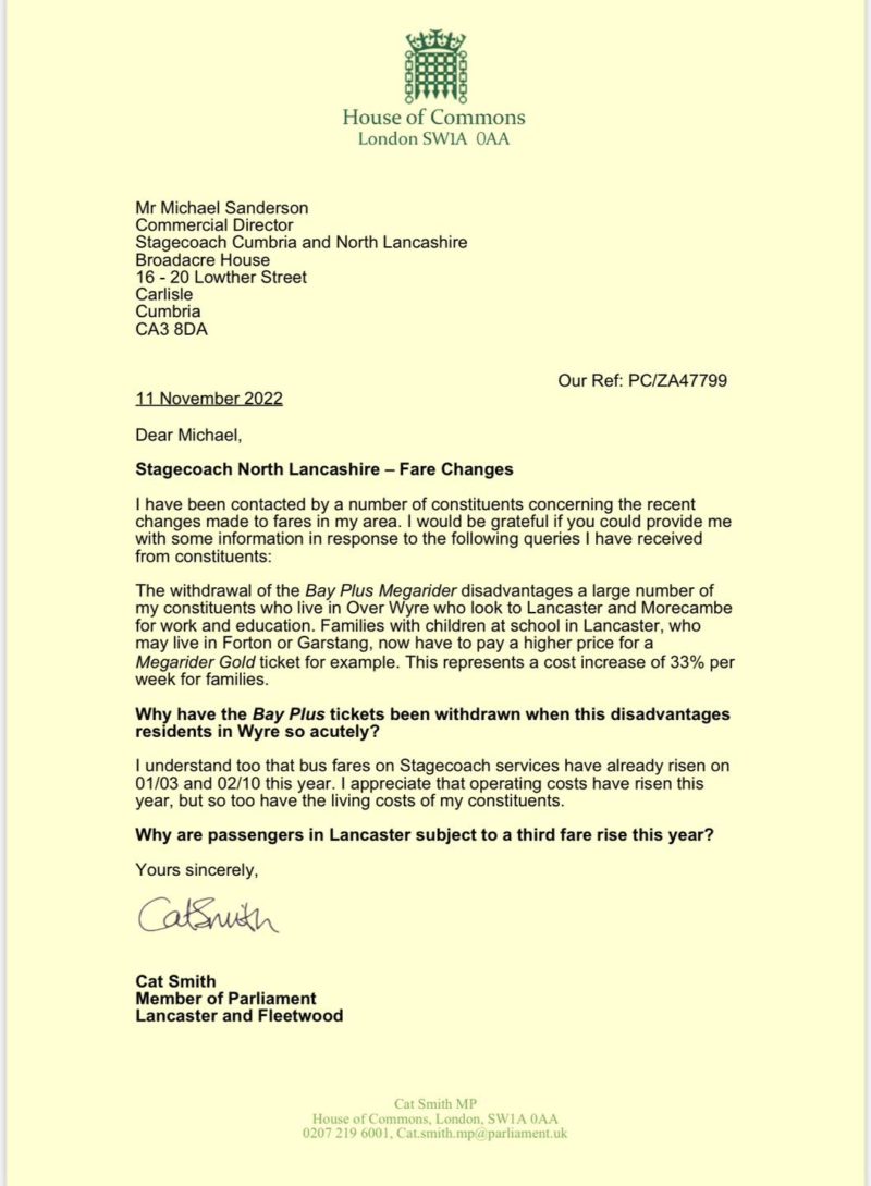 Cat writes to Stagecoach