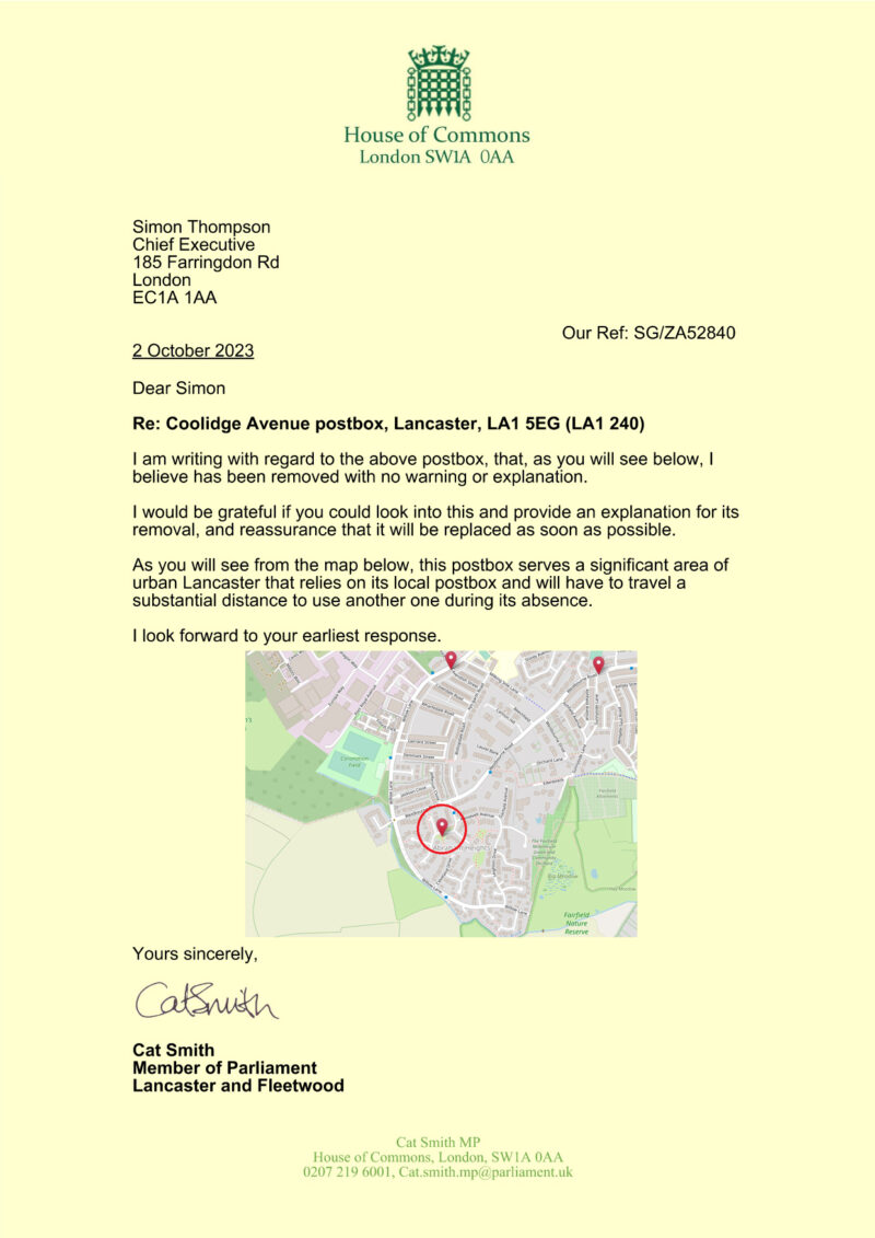 Cat writes to Royal Mail to replace Abraham heights postbox