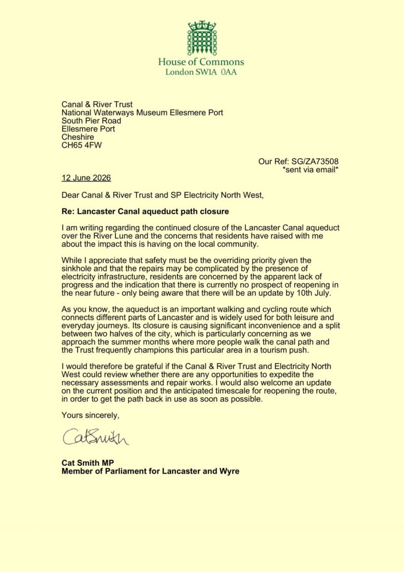 Cat Smith MP enquiry to SP Electricity North West and Canal & River Trust