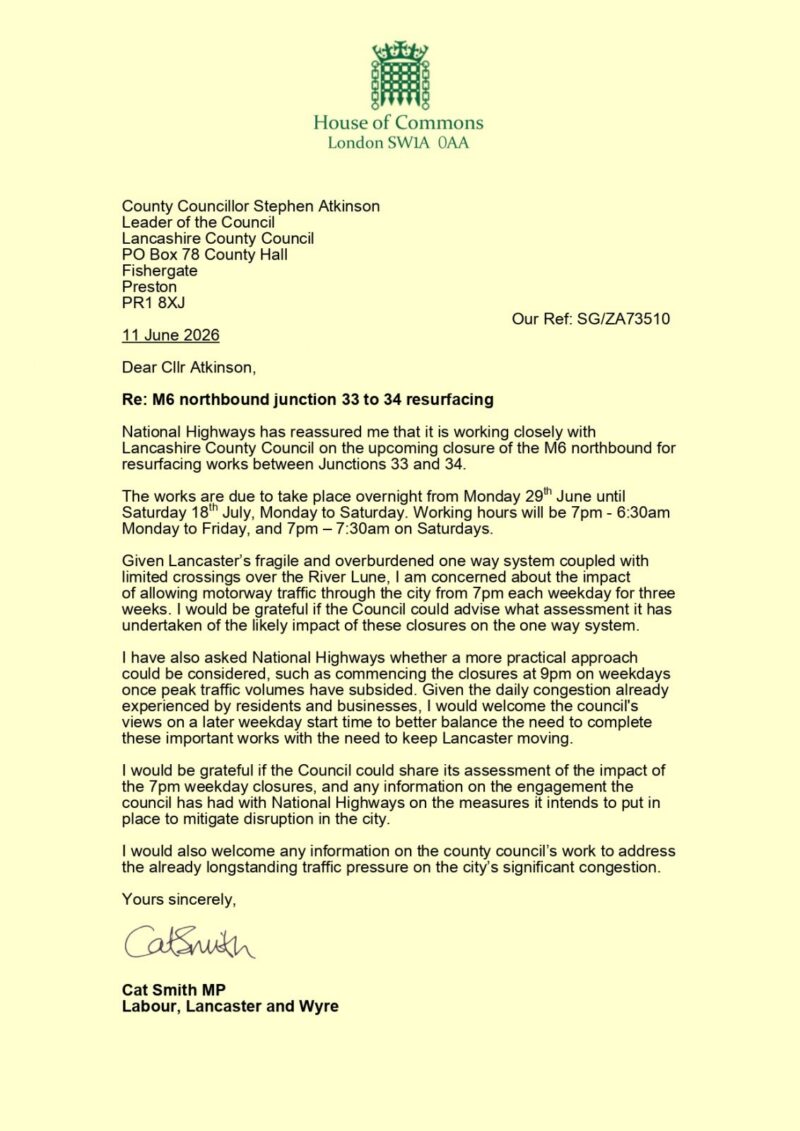 Letter to Lancashire County Council